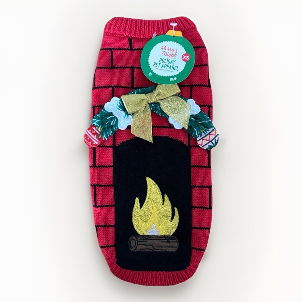 Merry & Bright‎ Holiday Dog “Ugly Sweater” Fireplace Xmas Pet Apparel XS NWT
